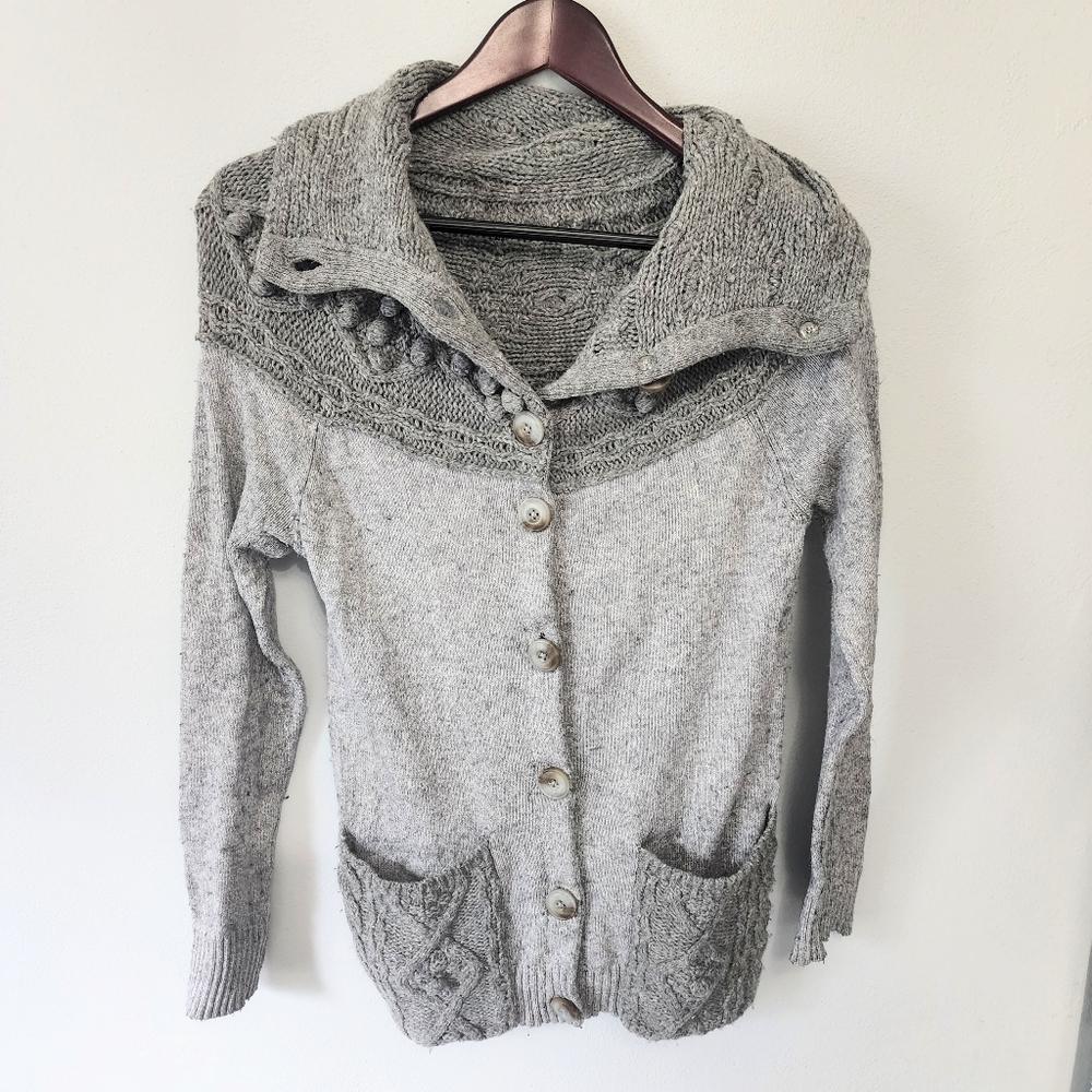 Anthropologie sleeping on snow cable knit pom pom gray cardigan sweater Small